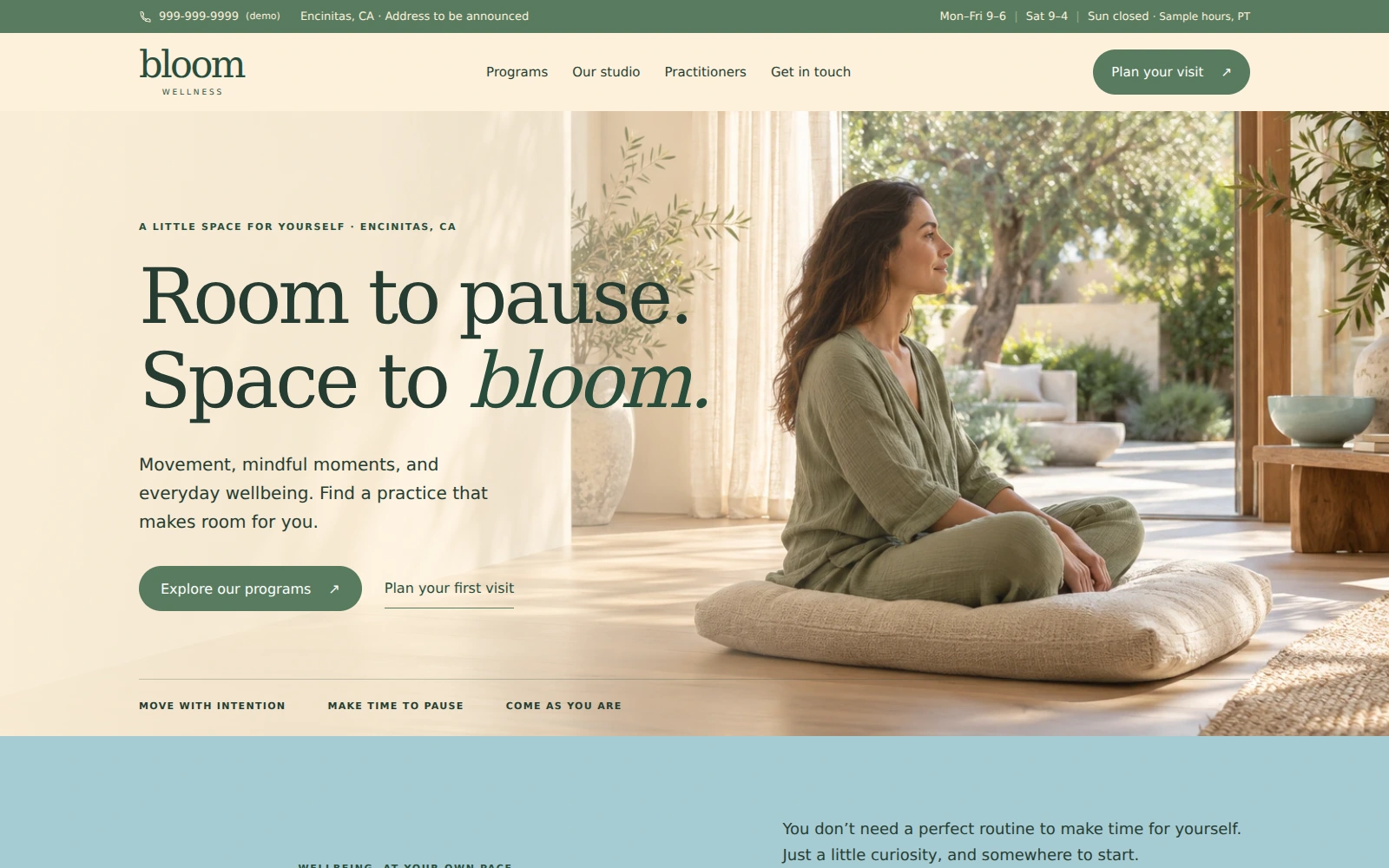 Bloom Wellness wellness studio landing page with a sunlit studio photograph, program links, and a session inquiry