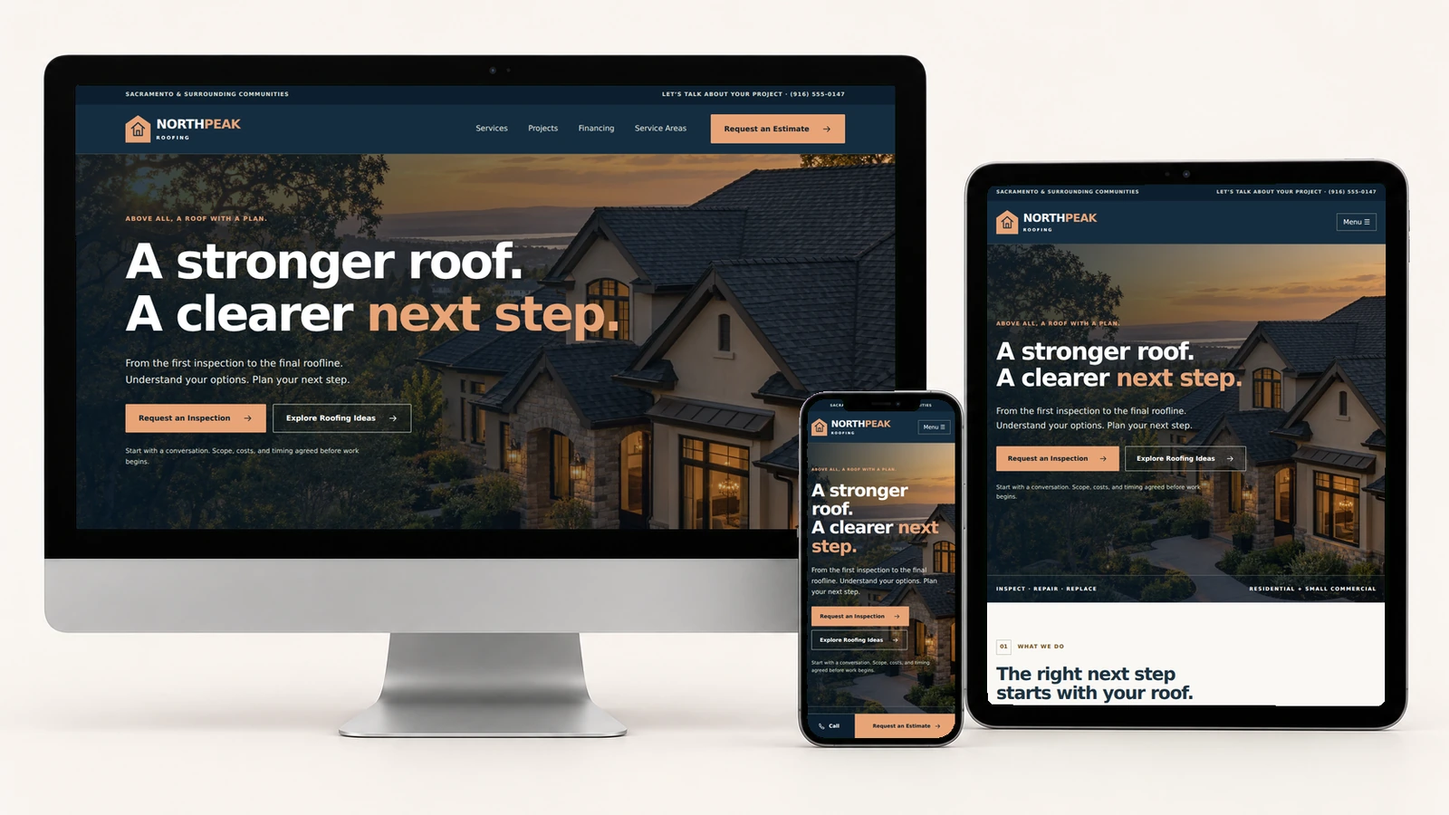 NorthPeak Roofing website shown on a realistic desktop monitor, tablet, and smartphone