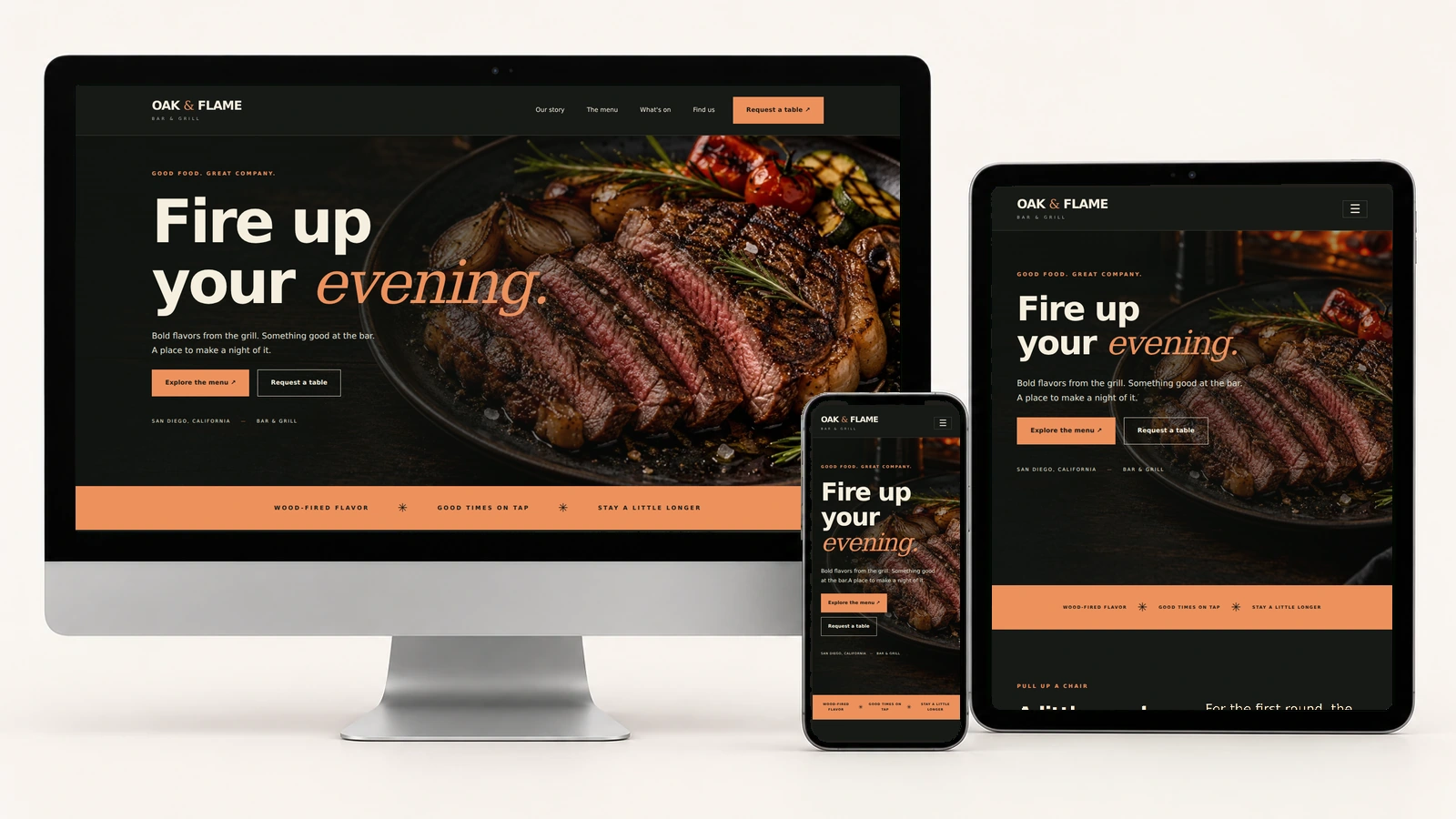 Oak & Flame displayed on a realistic desktop monitor, portrait tablet, and phone using actual responsive screenshots