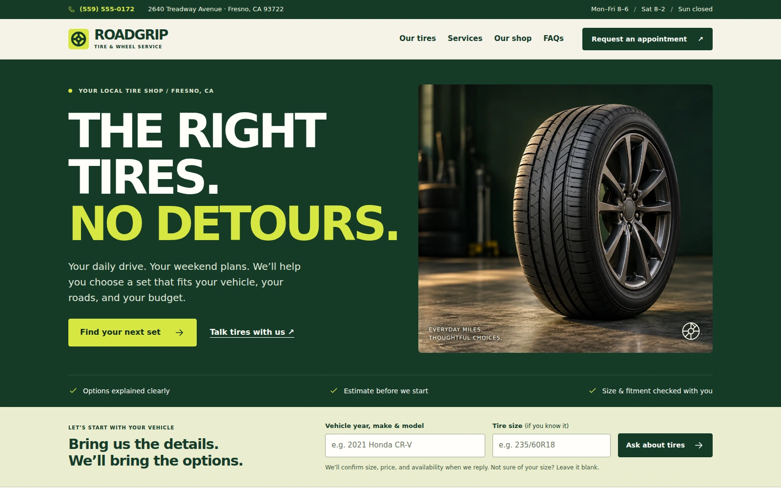 RoadGrip Tire landing page with deep-green styling, lime-yellow buttons, and tire-and-wheel photography