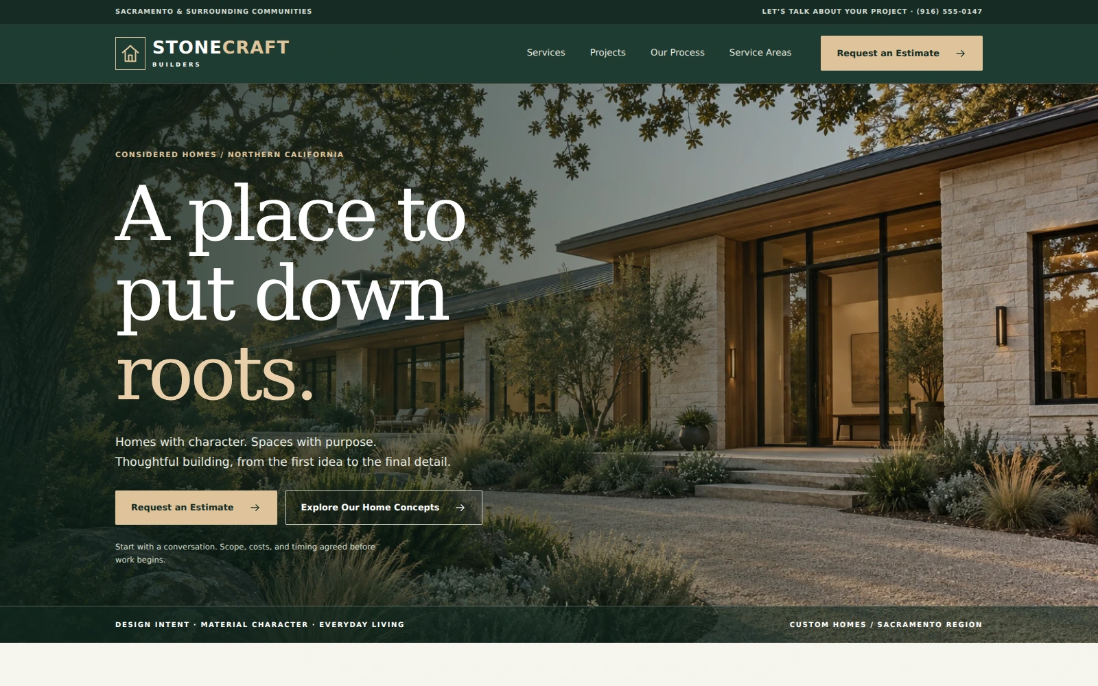 Actual StoneCraft Builders landing page with forest-green styling and limestone home photography