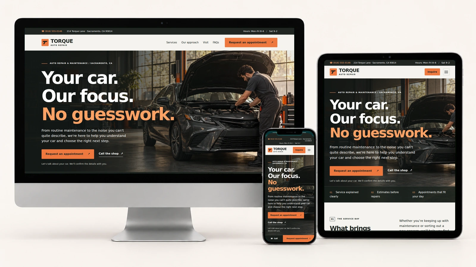 Torque Auto Repair displayed on a silver desktop, tablet, and phone