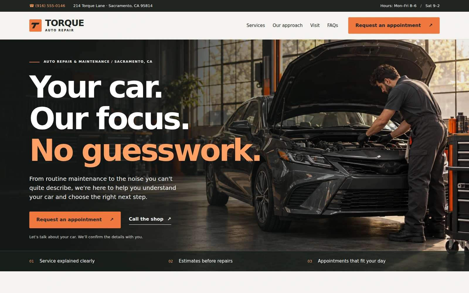 Torque Auto Repair landing page with workshop photography and orange service-inquiry buttons