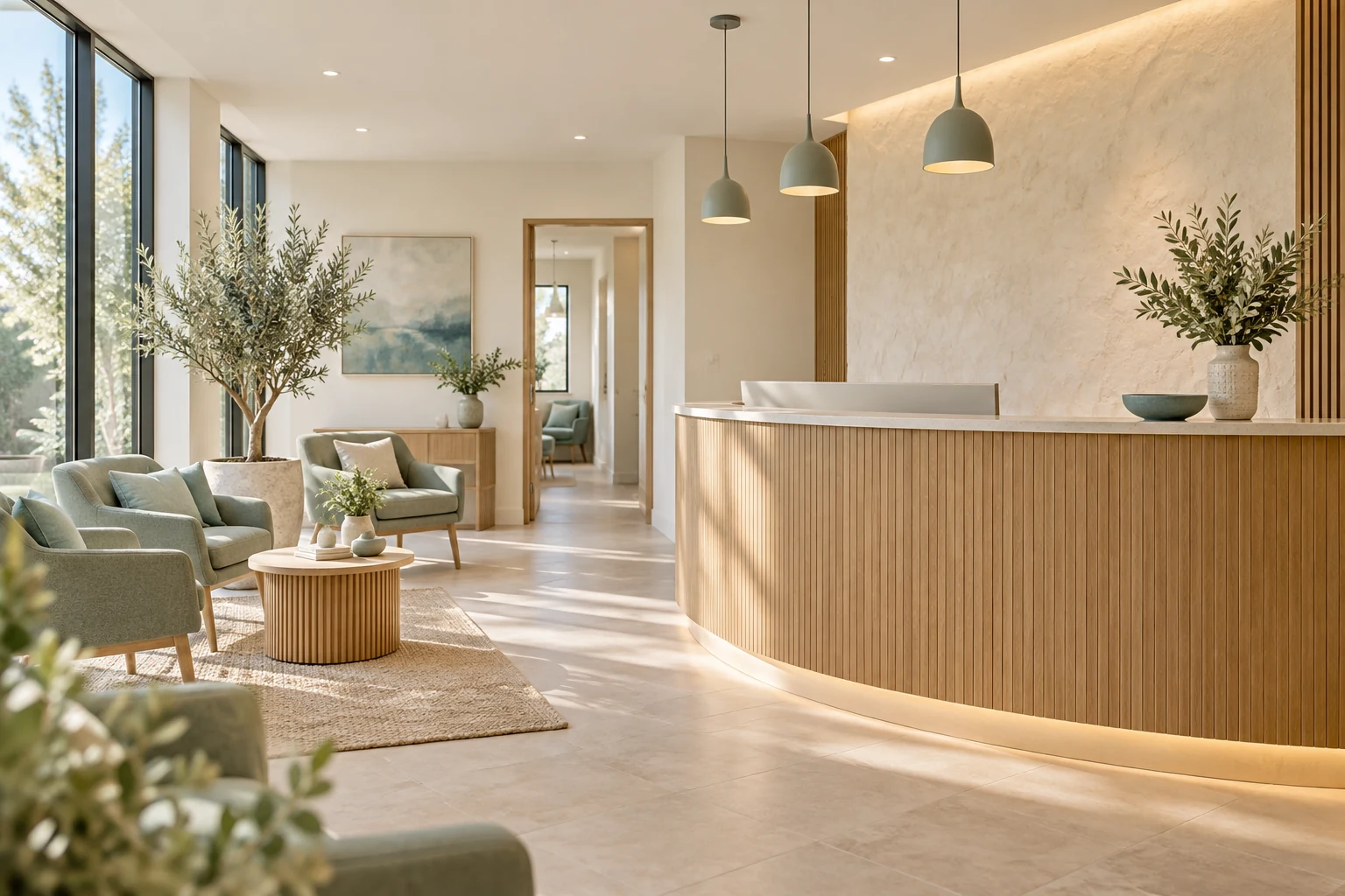 A welcoming reception space with pale oak, sage seating, and natural daylight