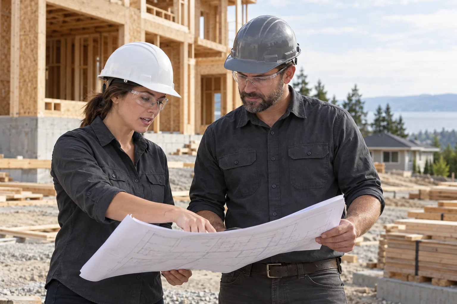 Two contractors reviewing drawings at an inactive residential site, illustrative team photograph