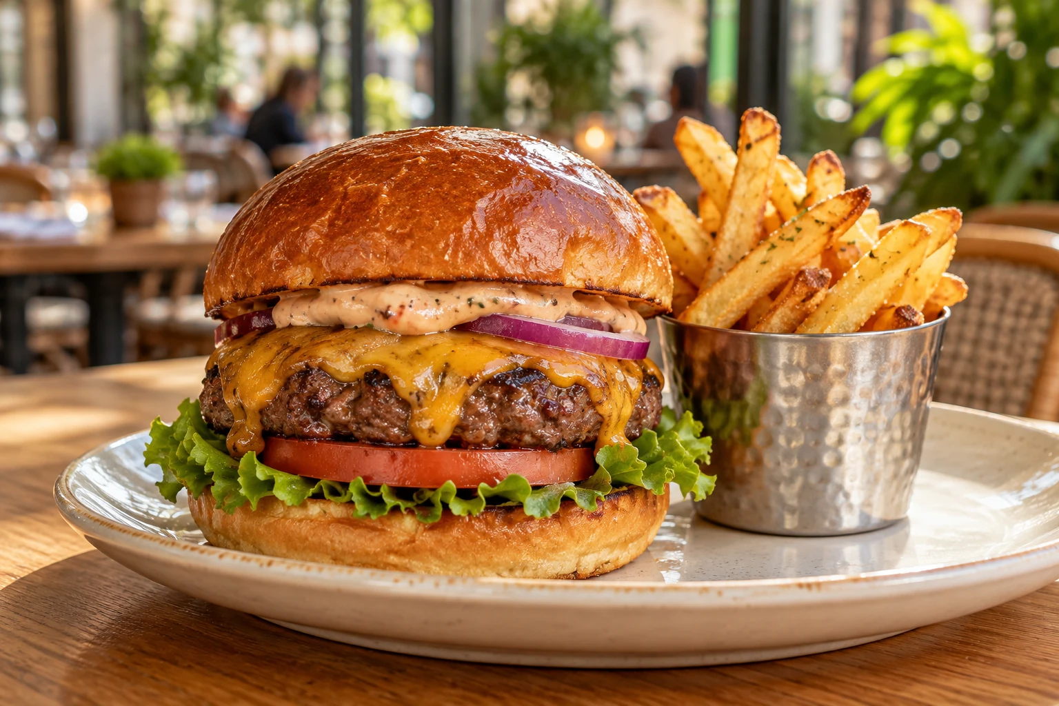 Cheeseburger in a brioche bun with golden fries