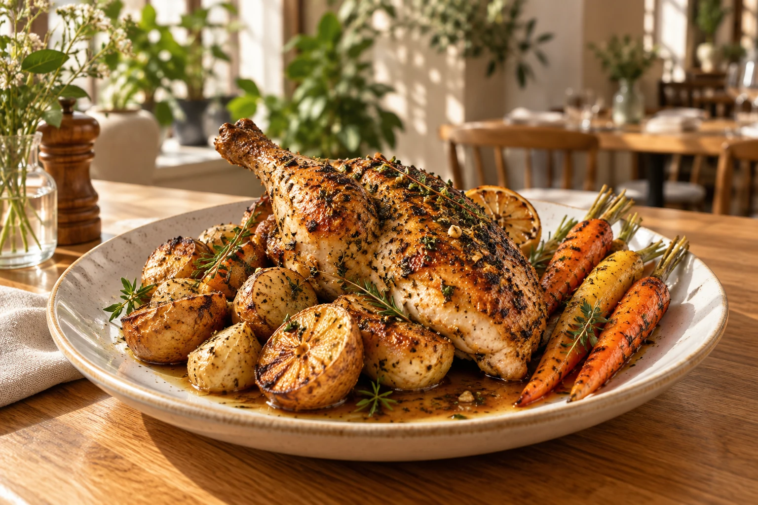 Herb roast chicken with potatoes and carrots