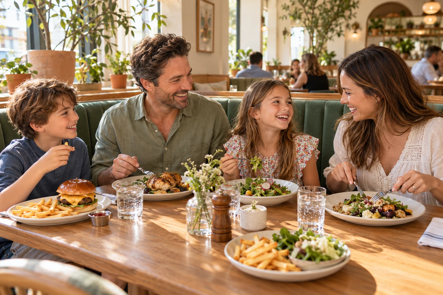 A family sharing food and laughter around a restaurant table