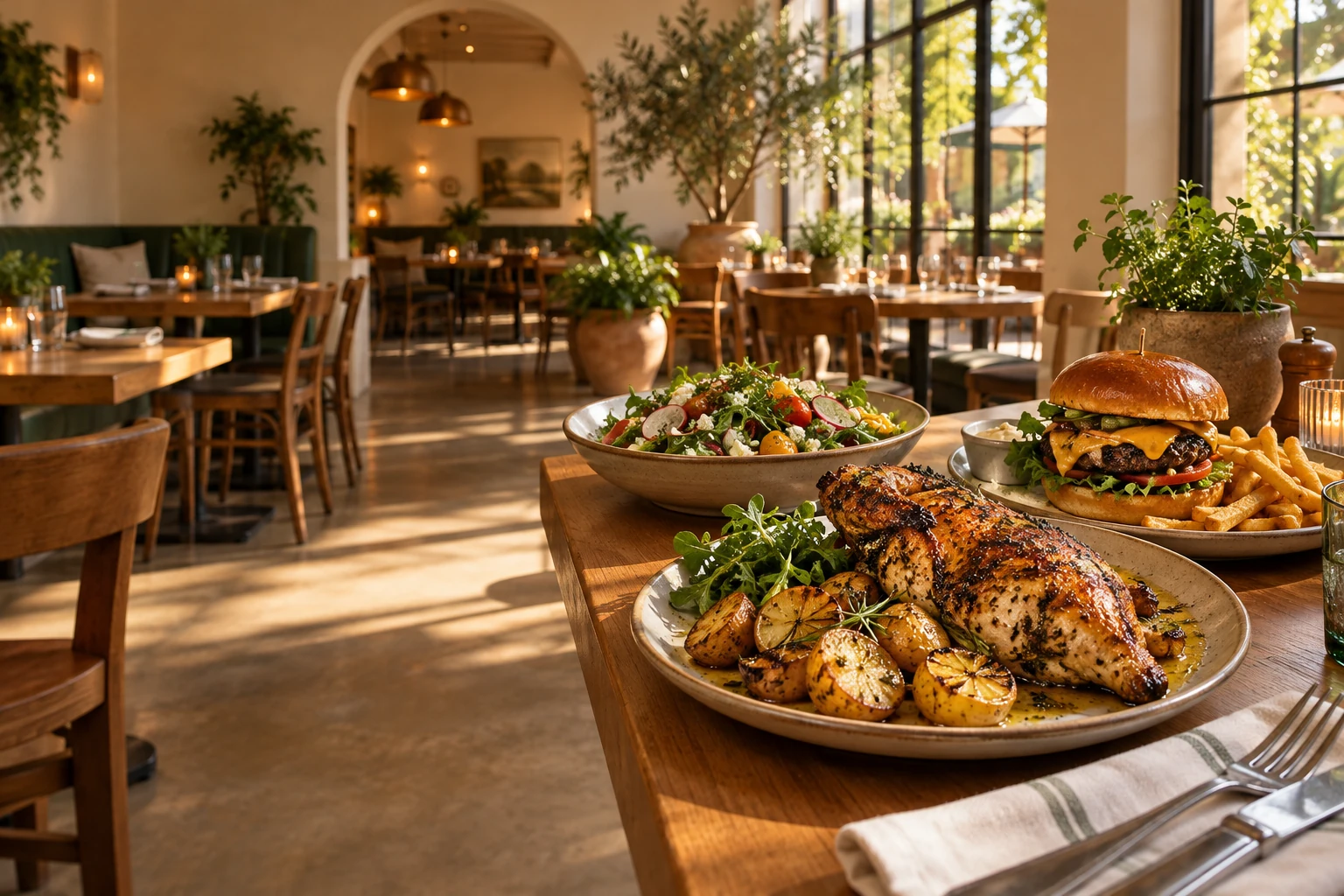Roast chicken, a burger and salad on a sunlit neighborhood restaurant table