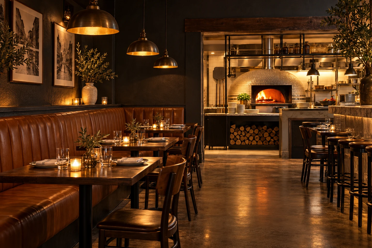 Illustrative pizza shop interior with warm lighting and booth seating