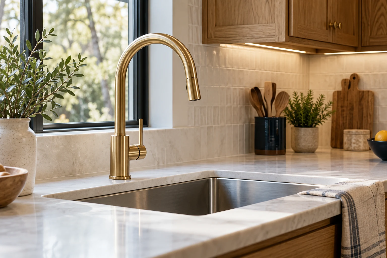 Brushed brass faucet above a finished kitchen sink