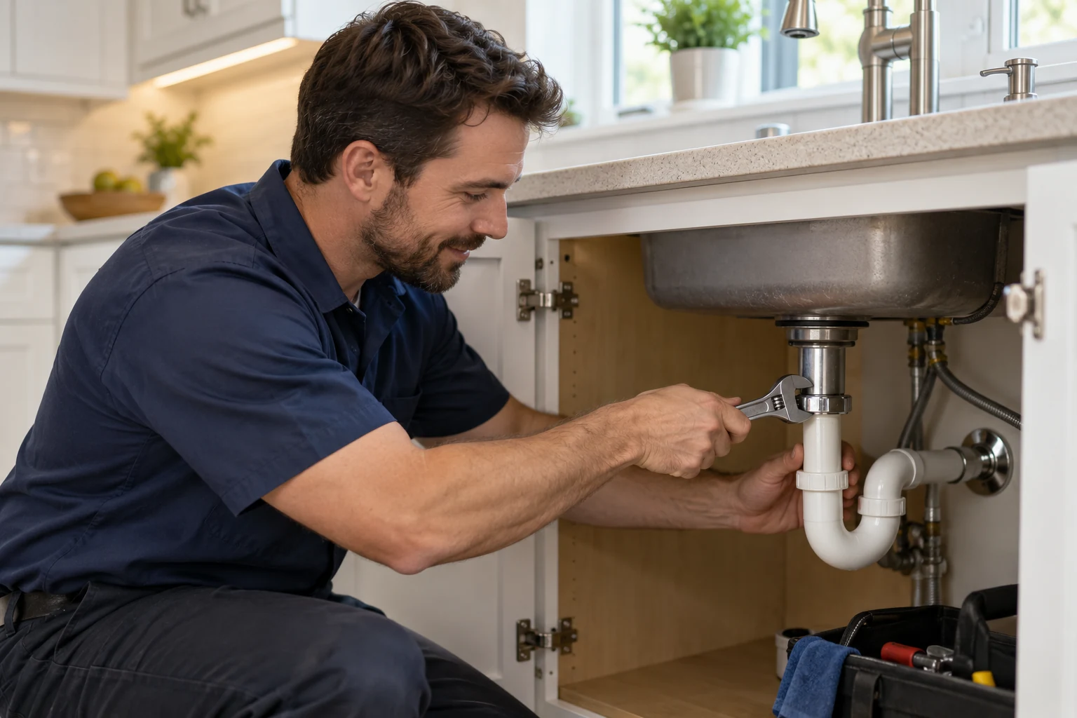 Professional plumber working carefully on residential plumbing