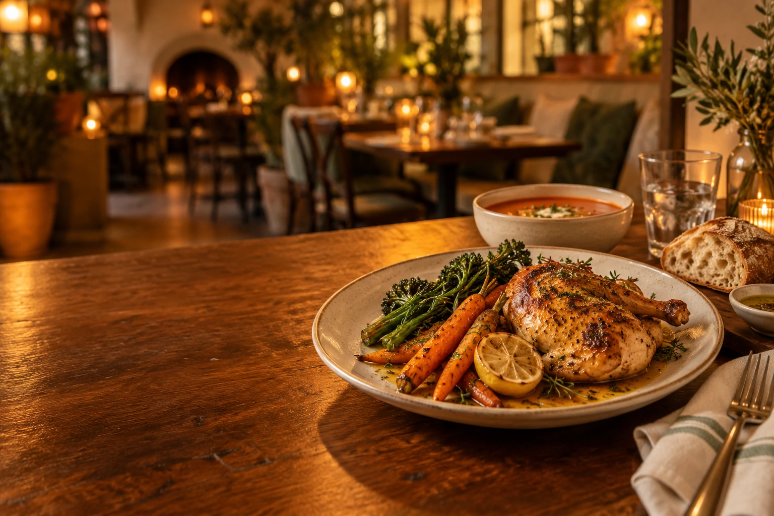 An inviting table with roast chicken, tomato soup, and bread in a warm dining setting