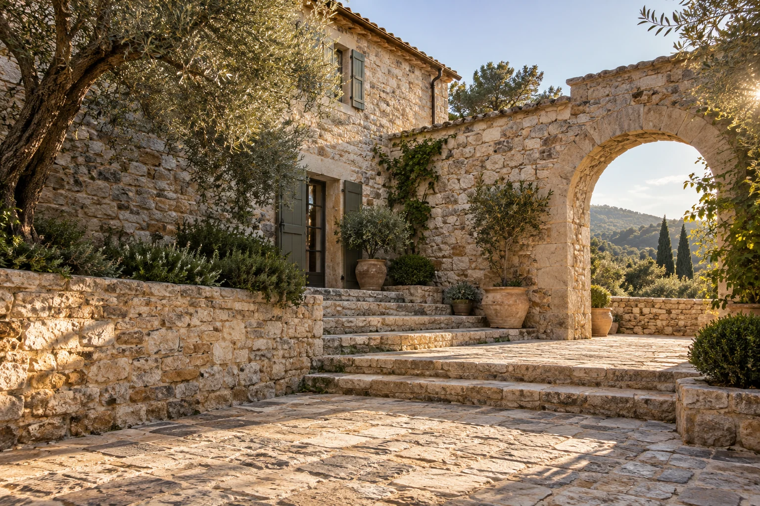 Traditional limestone courtyard with arched entrance and stone steps