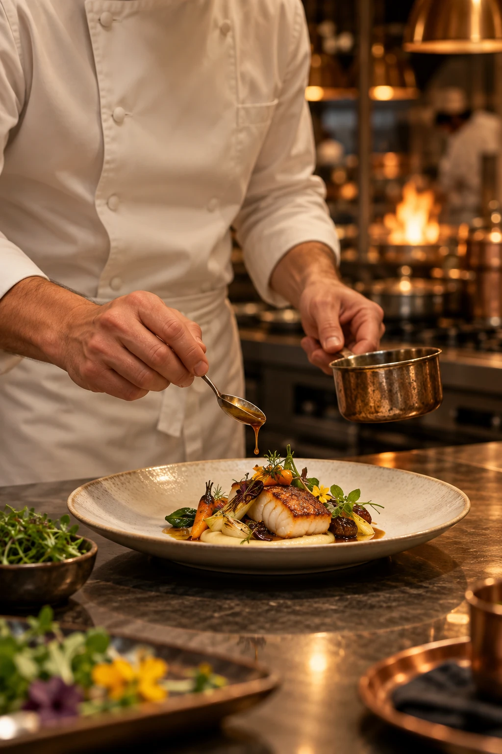 A chef carefully finishing a seasonal dish with sauce