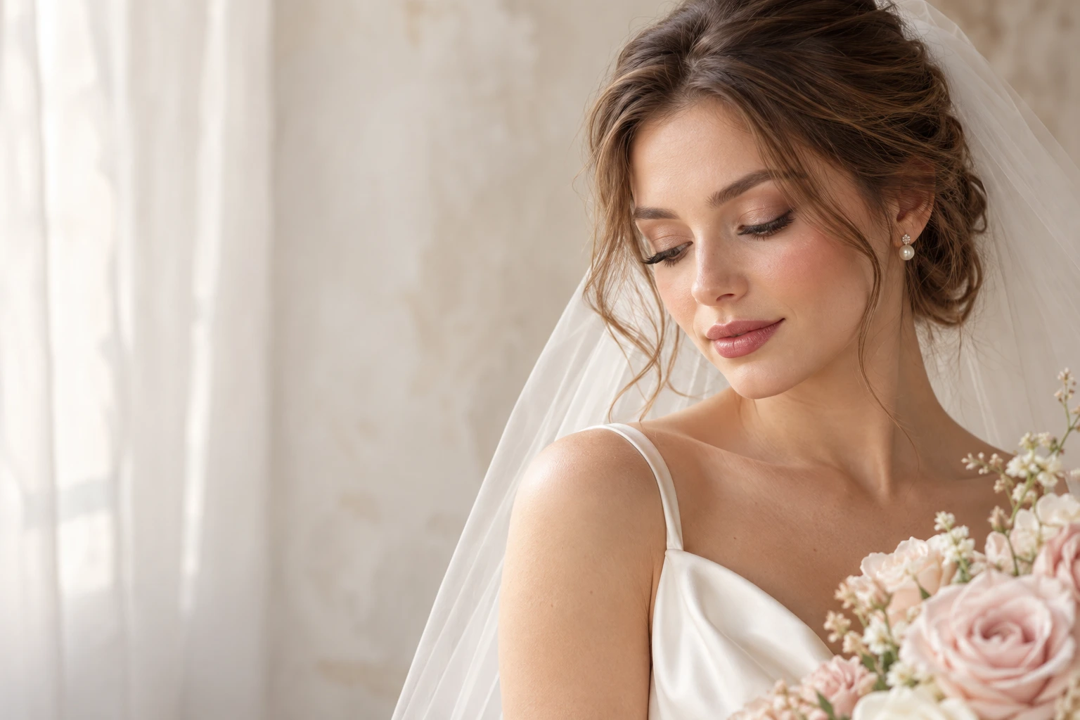 Illustrative bridal portrait with soft rose makeup, pearl earrings, and an ivory veil