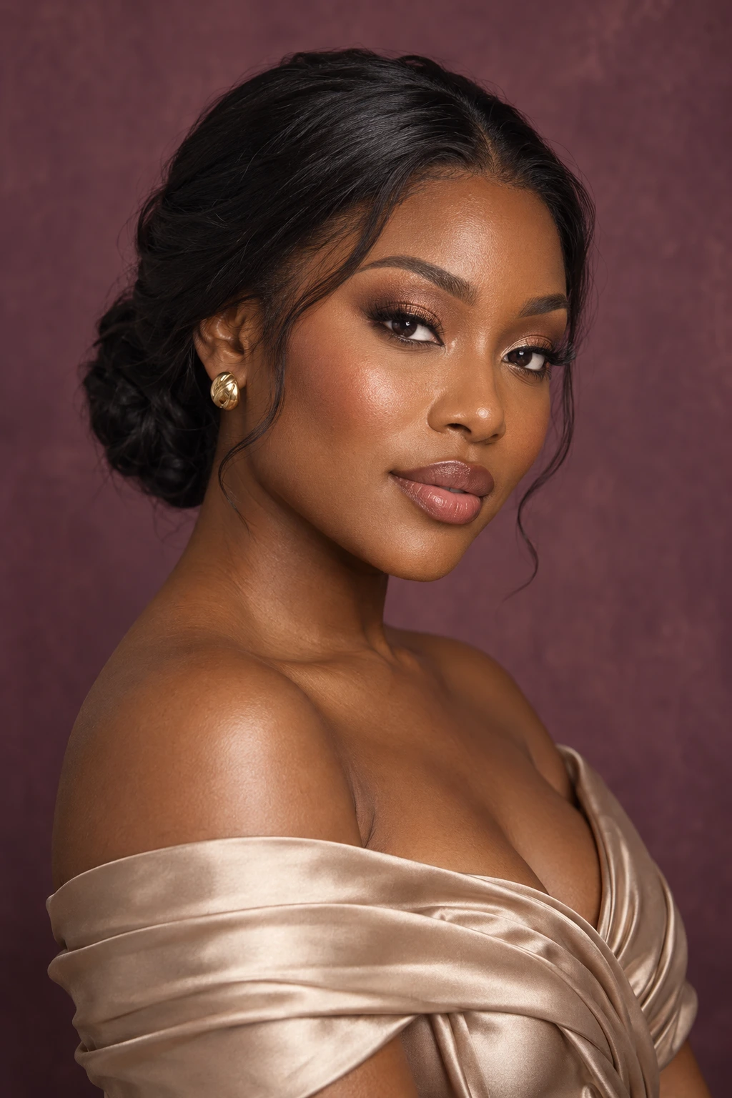 Evening makeup inspiration with warm bronze eyeshadow and rose-brown lips