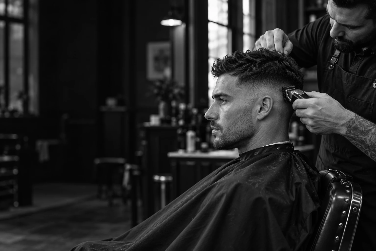 Illustrative close-up of a barber shaping a short textured haircut