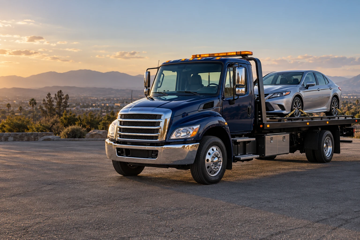 Navy flatbed truck carrying a silver sedan at a California roadside turnout