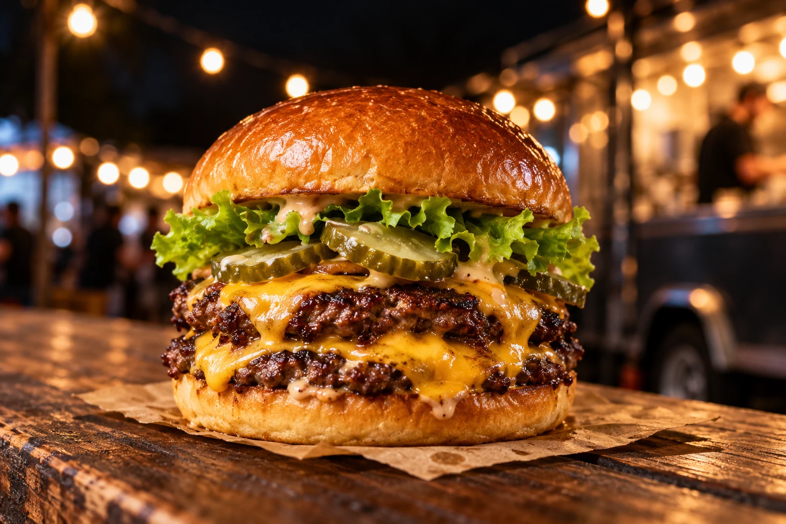 Double smash burger with melted cheddar and pickles