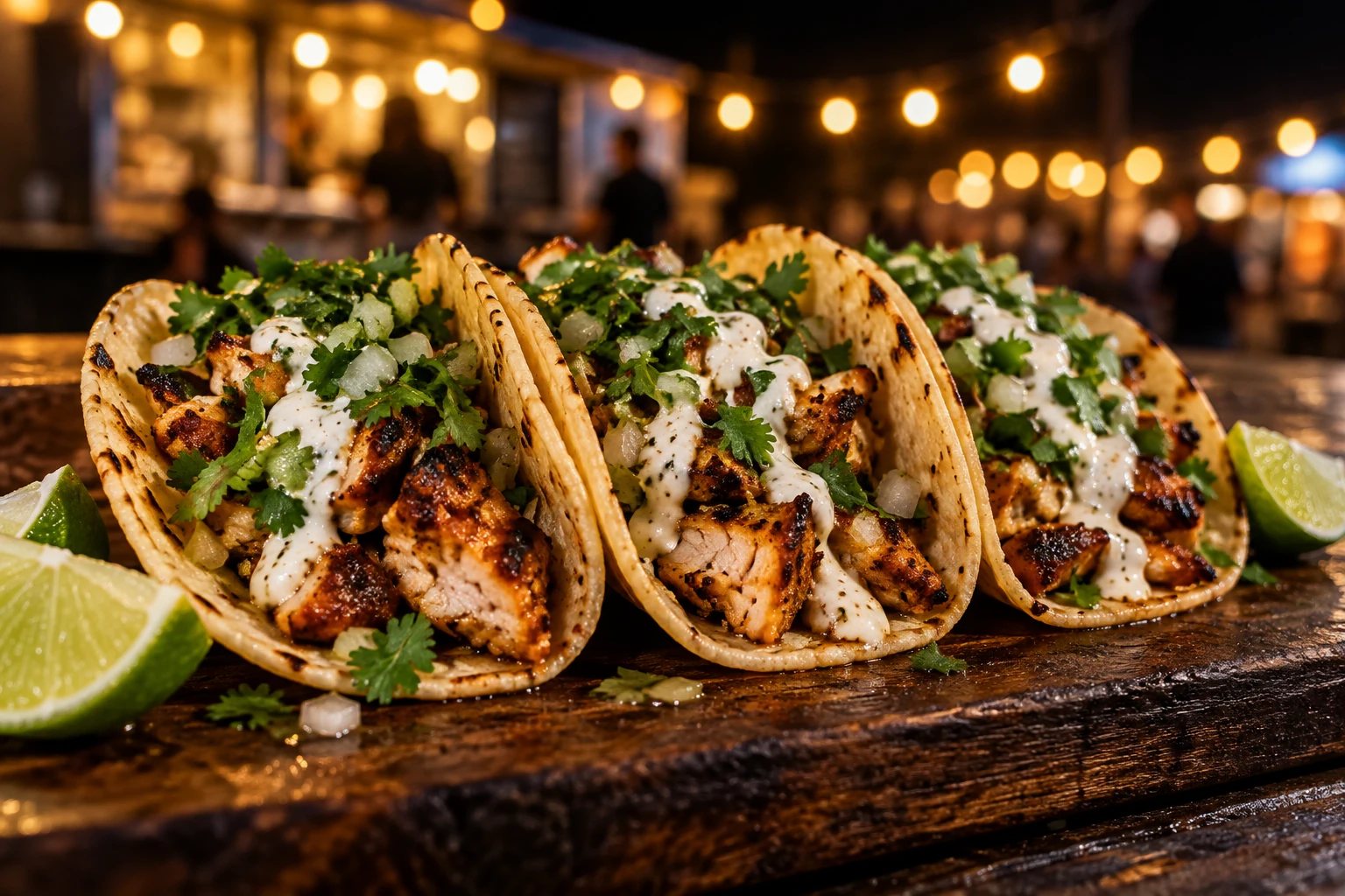 Grilled chicken tacos with fresh cilantro and crema