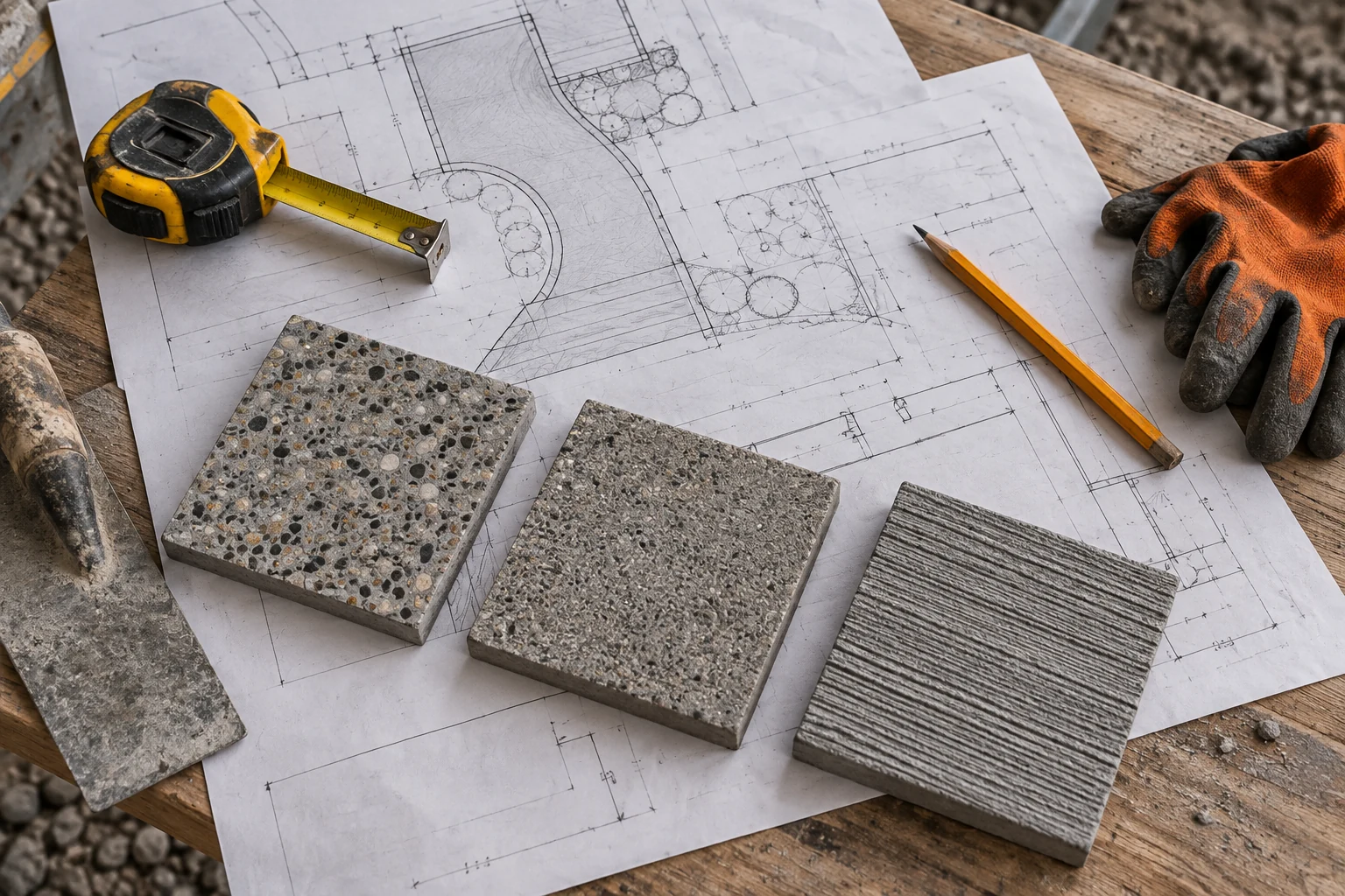 Concrete planning drawings and finish samples