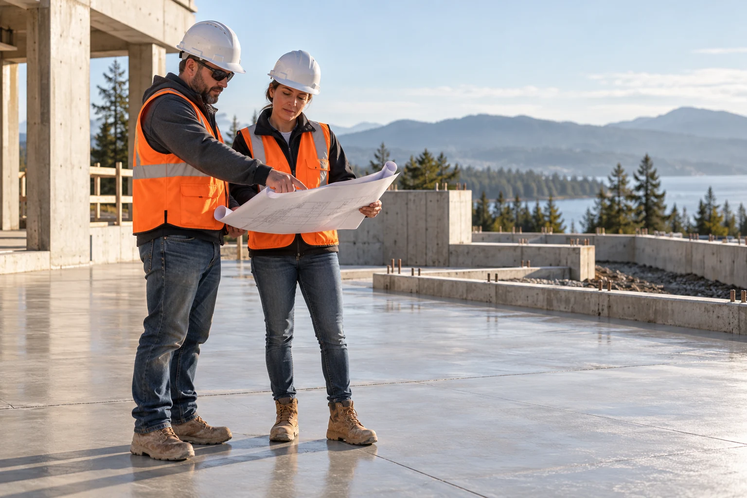 Two concrete professionals reviewing drawings at an inactive site, illustrative team photograph