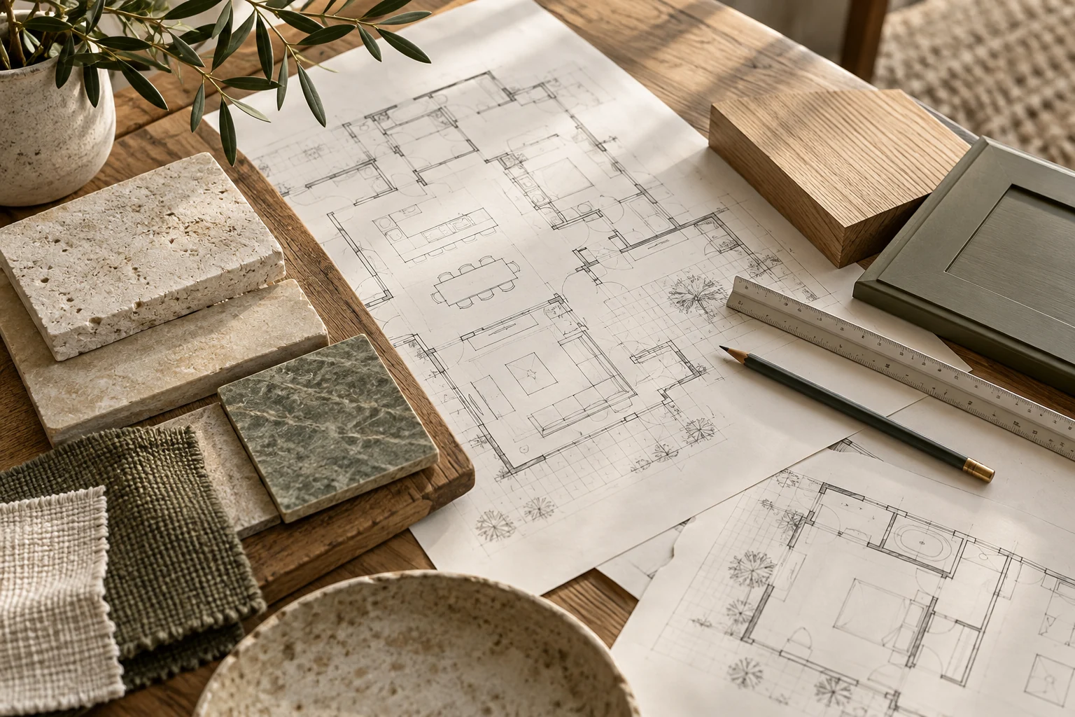 Home planning drawings and natural material samples