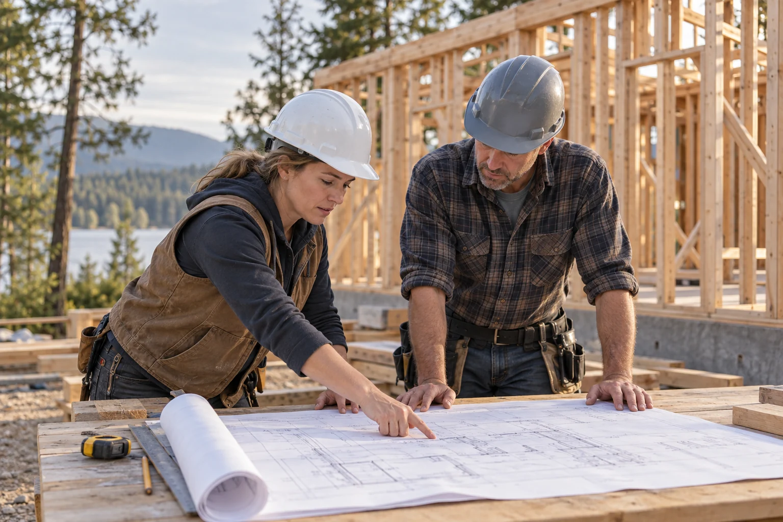Two contractors reviewing drawings at an inactive residential site, illustrative team photograph