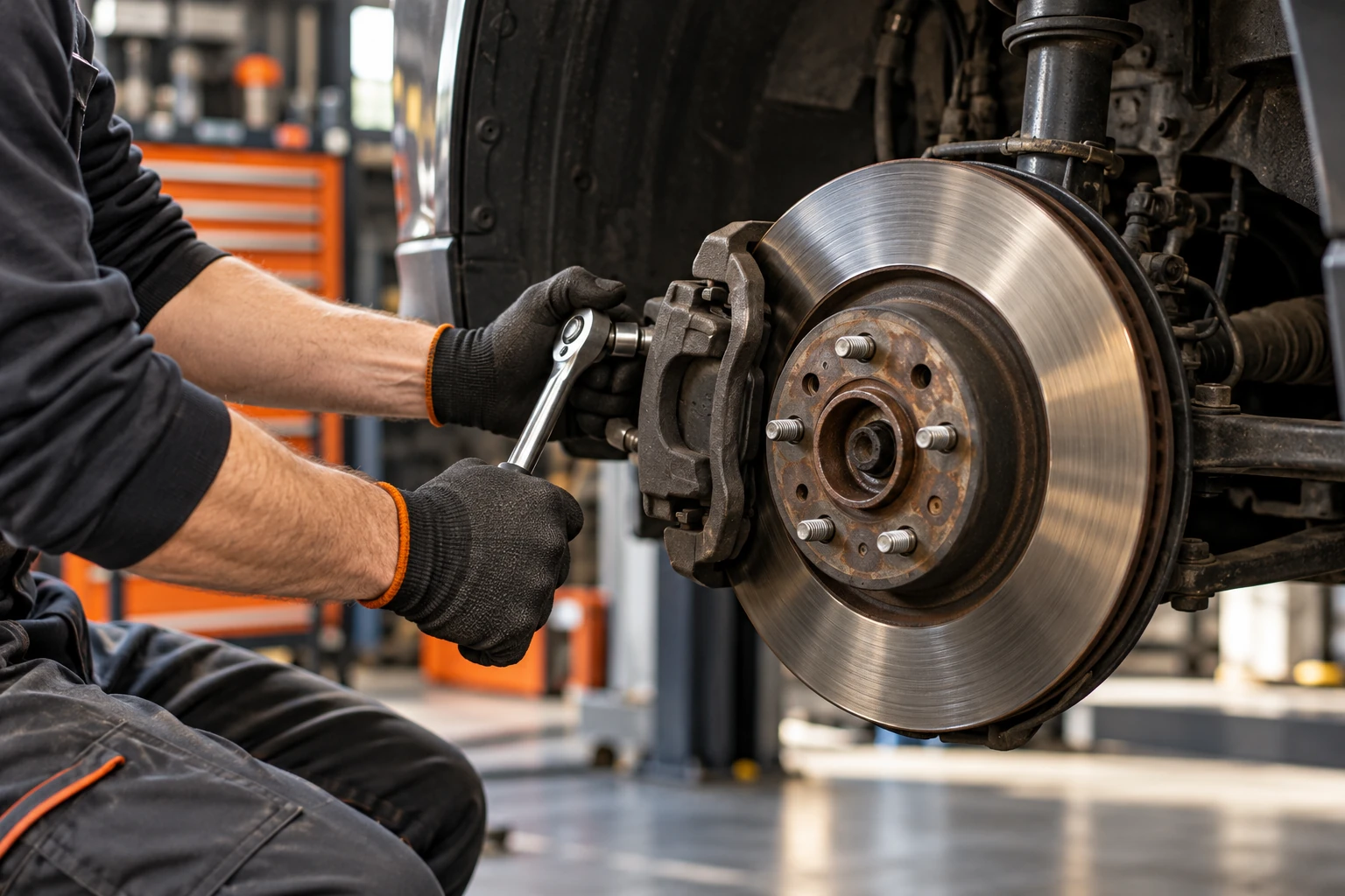 Close-up of a technician working on a vehicle brake assembly
