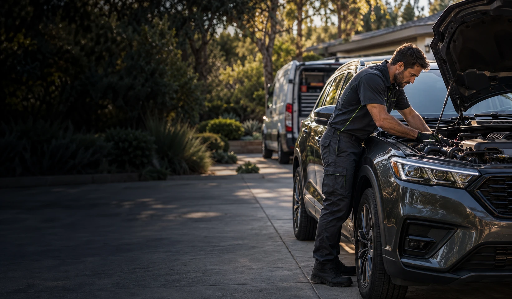 Mechanic working beneath an open hood beside a vehicle in a driveway